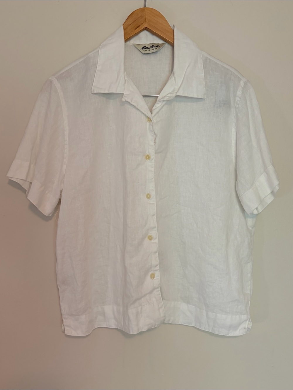 Eddie Bauer White Solid Linen Cotton Woven Collared Short Sleeve Blouse Size M